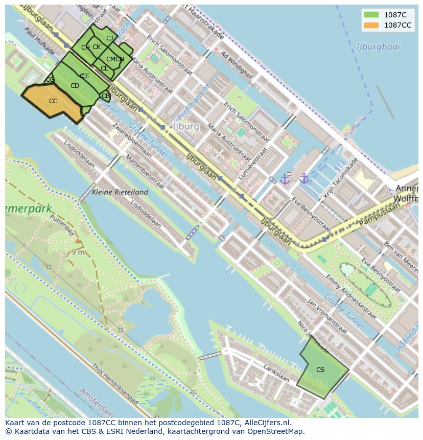Afbeelding van het postcodegebied 1087 CC op de kaart.