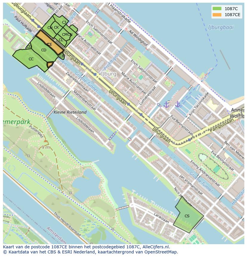 Afbeelding van het postcodegebied 1087 CE op de kaart.
