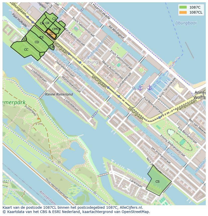 Afbeelding van het postcodegebied 1087 CL op de kaart.