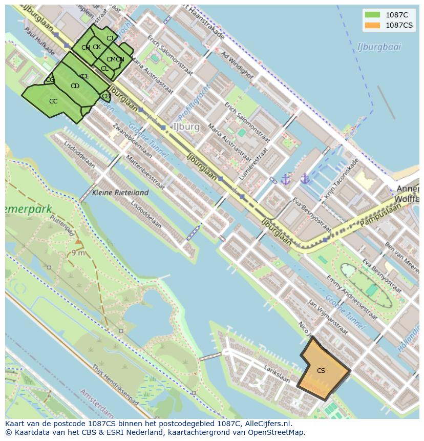 Afbeelding van het postcodegebied 1087 CS op de kaart.