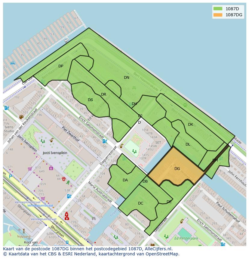 Afbeelding van het postcodegebied 1087 DG op de kaart.