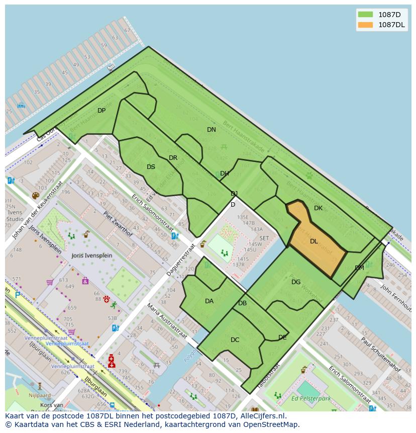 Afbeelding van het postcodegebied 1087 DL op de kaart.