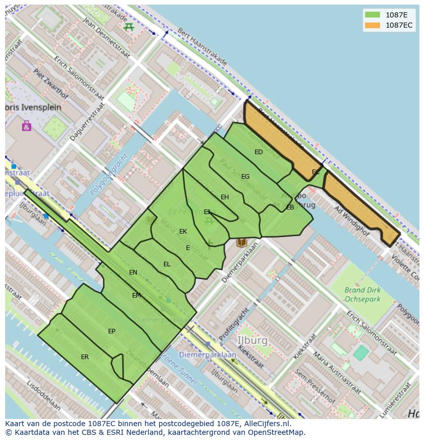 Afbeelding van het postcodegebied 1087 EC op de kaart.