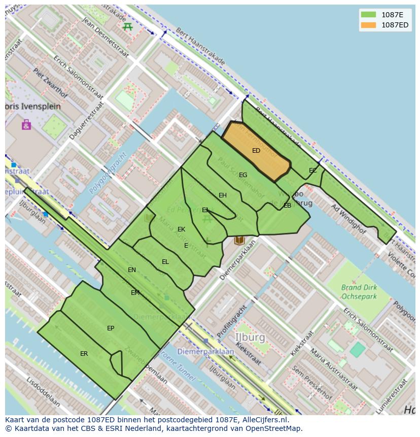 Afbeelding van het postcodegebied 1087 ED op de kaart.