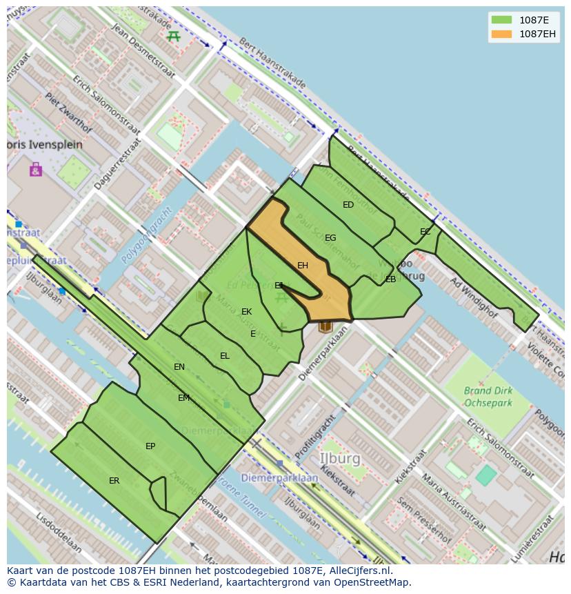 Afbeelding van het postcodegebied 1087 EH op de kaart.