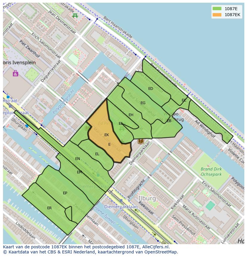 Afbeelding van het postcodegebied 1087 EK op de kaart.