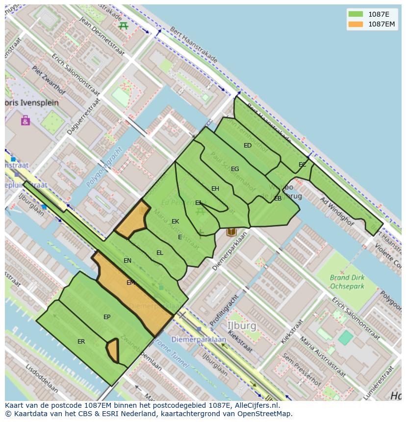 Afbeelding van het postcodegebied 1087 EM op de kaart.