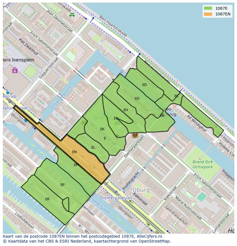 Afbeelding van het postcodegebied 1087 EN op de kaart.