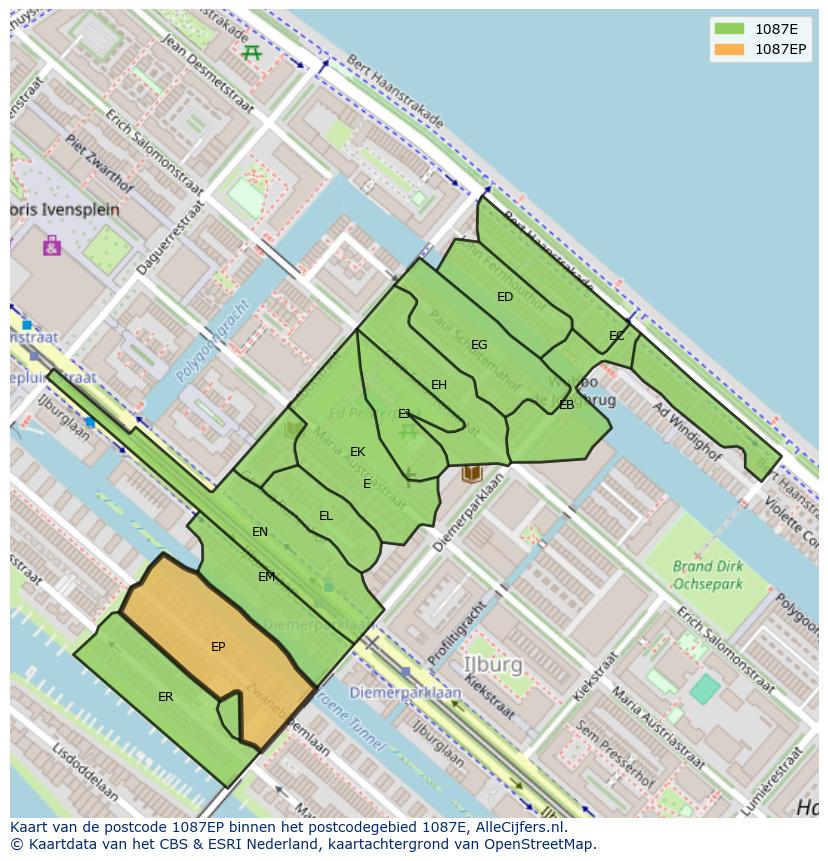 Afbeelding van het postcodegebied 1087 EP op de kaart.
