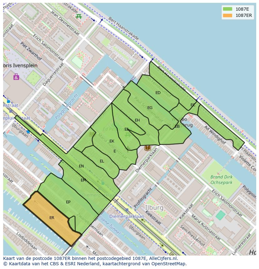 Afbeelding van het postcodegebied 1087 ER op de kaart.