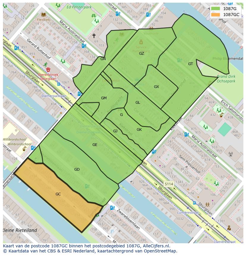 Afbeelding van het postcodegebied 1087 GC op de kaart.