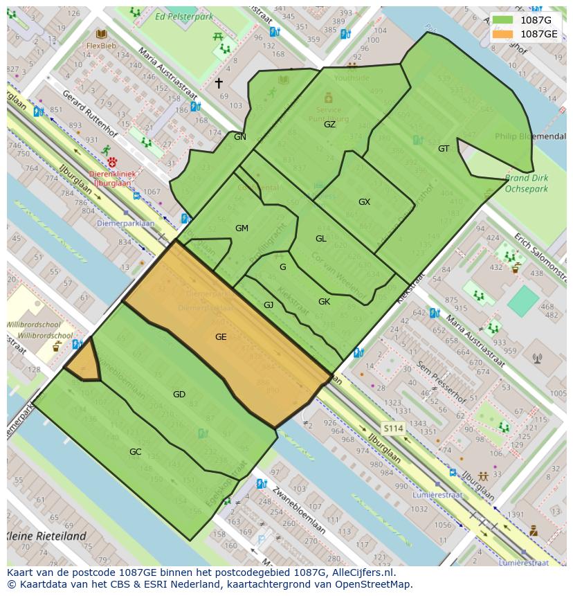 Afbeelding van het postcodegebied 1087 GE op de kaart.