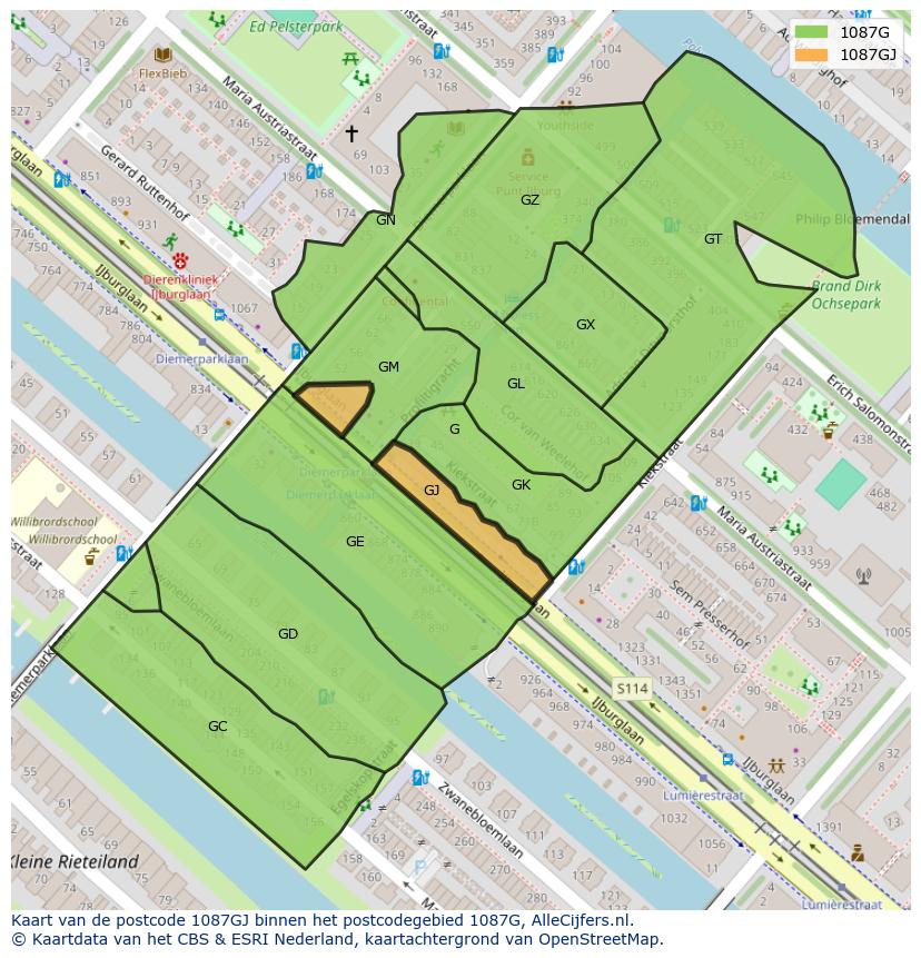 Afbeelding van het postcodegebied 1087 GJ op de kaart.