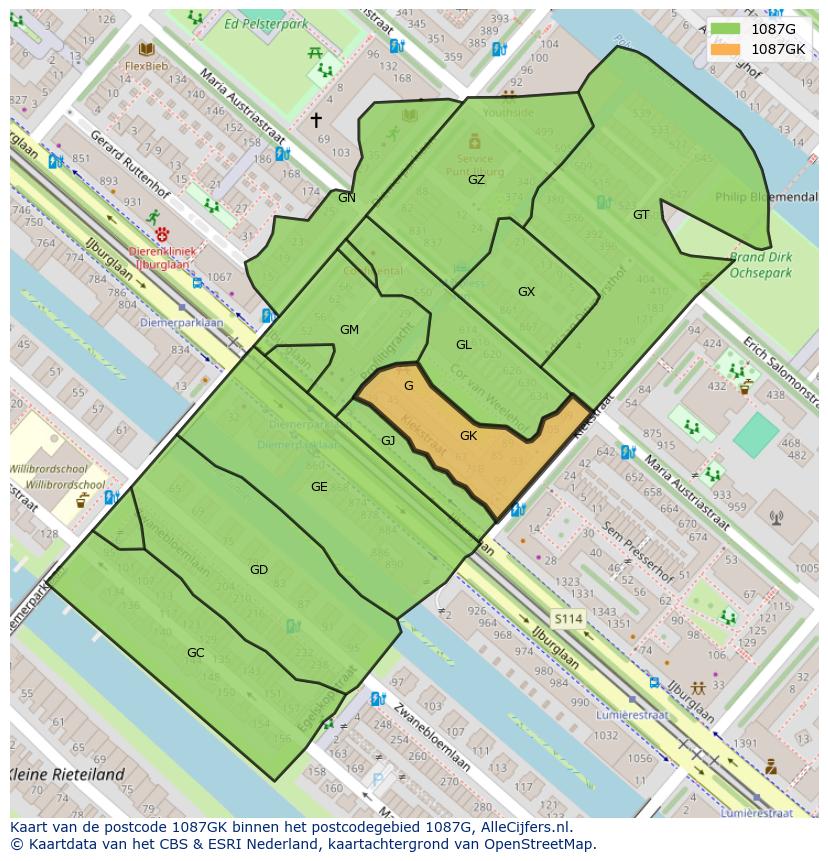 Afbeelding van het postcodegebied 1087 GK op de kaart.