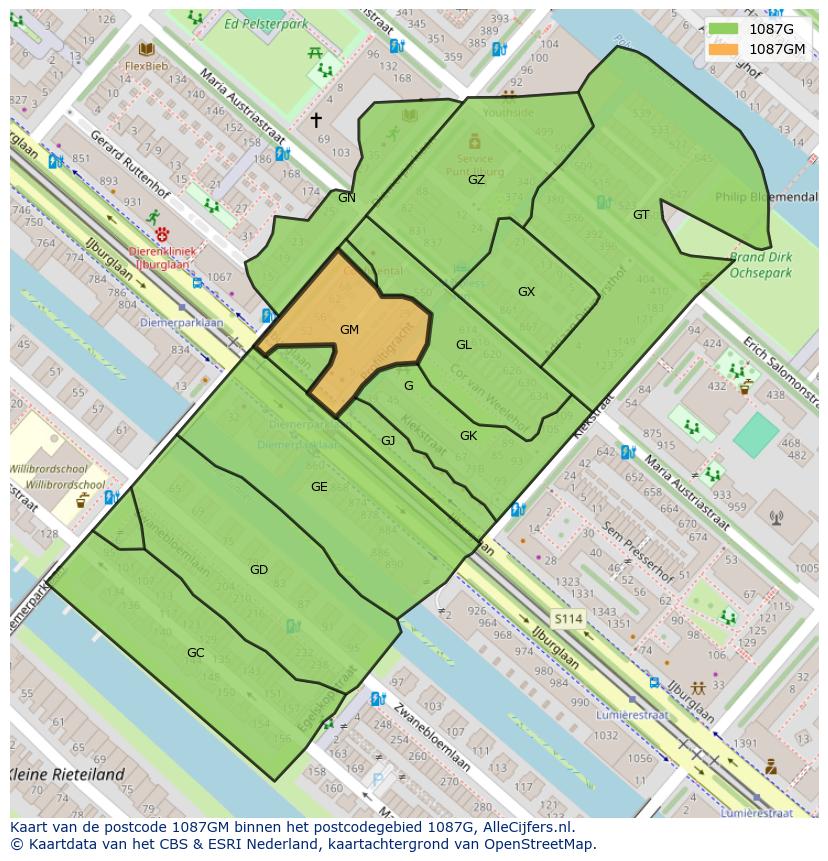 Afbeelding van het postcodegebied 1087 GM op de kaart.