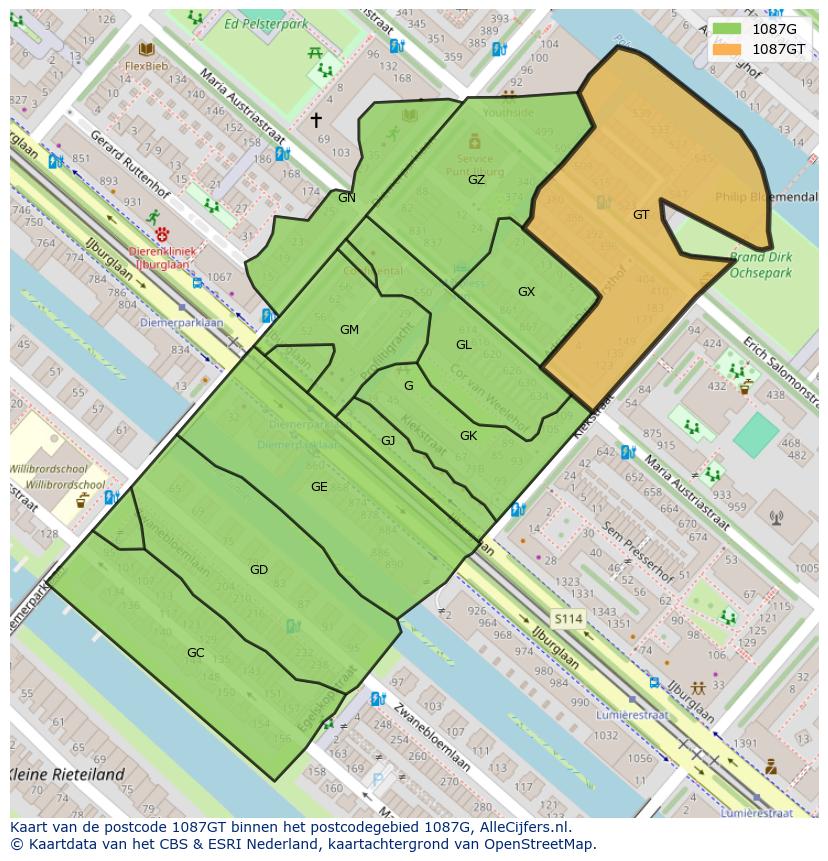 Afbeelding van het postcodegebied 1087 GT op de kaart.