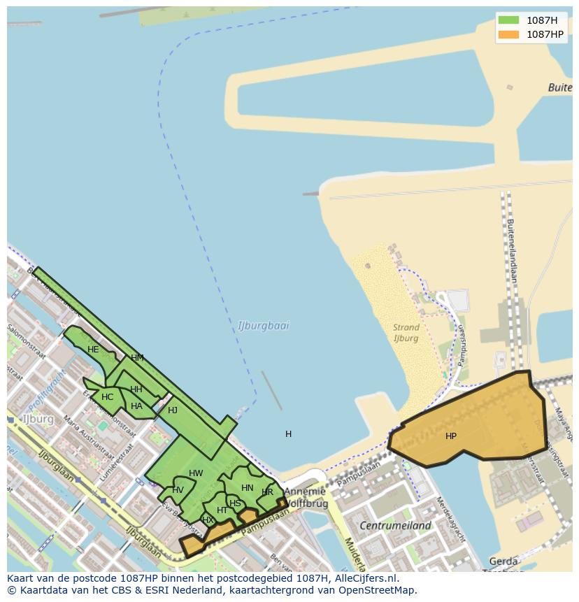 Afbeelding van het postcodegebied 1087 HP op de kaart.