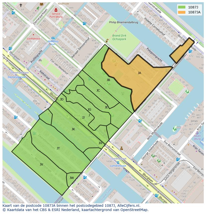 Afbeelding van het postcodegebied 1087 JA op de kaart.