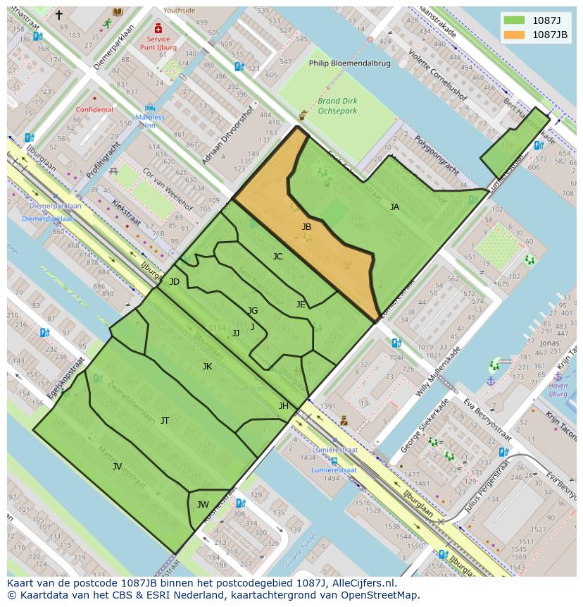 Afbeelding van het postcodegebied 1087 JB op de kaart.
