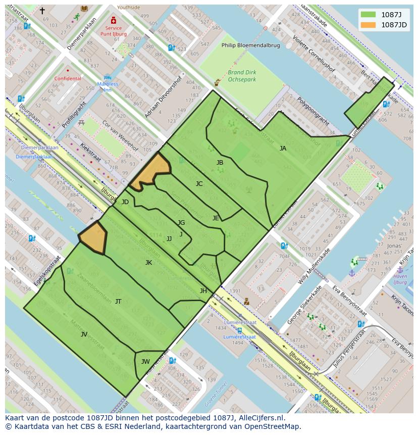 Afbeelding van het postcodegebied 1087 JD op de kaart.
