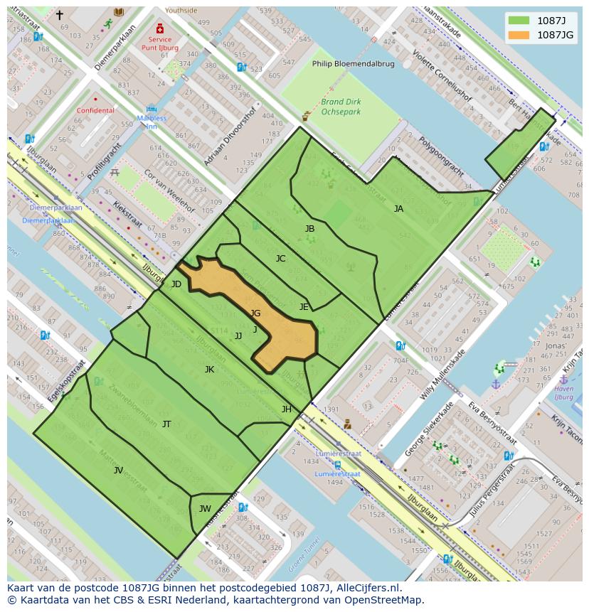 Afbeelding van het postcodegebied 1087 JG op de kaart.