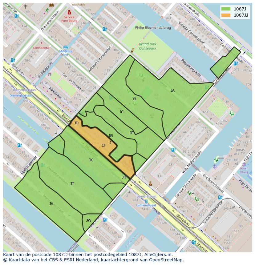 Afbeelding van het postcodegebied 1087 JJ op de kaart.