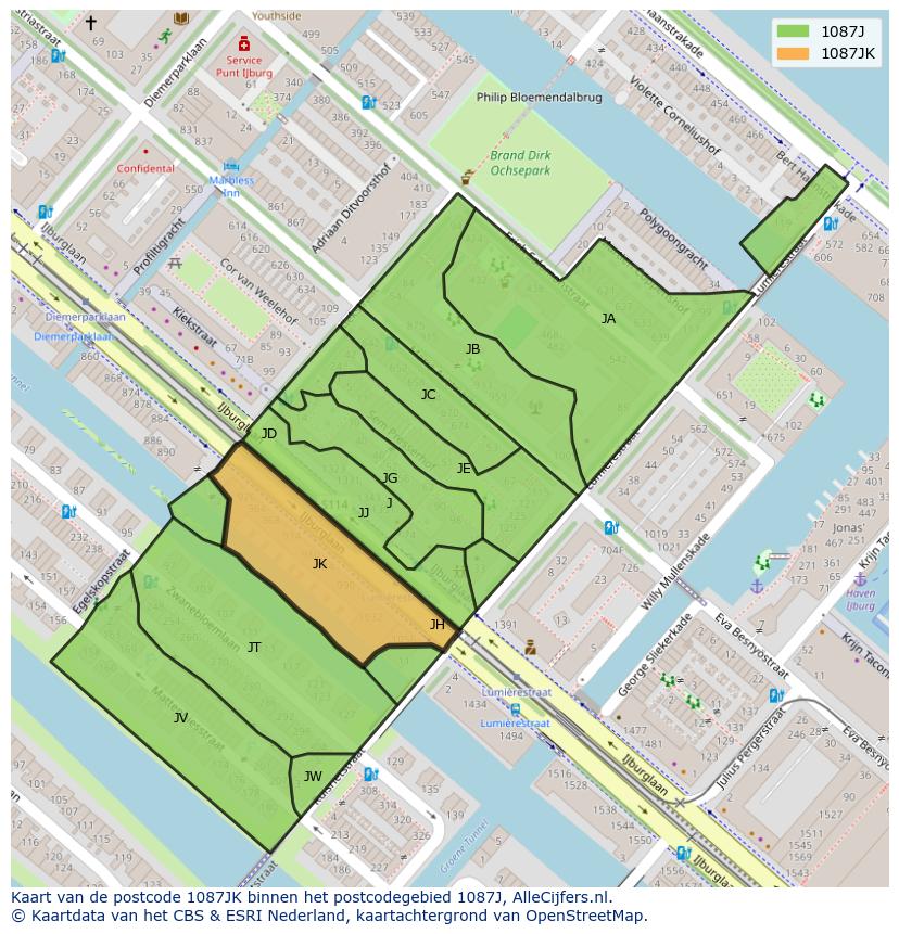 Afbeelding van het postcodegebied 1087 JK op de kaart.