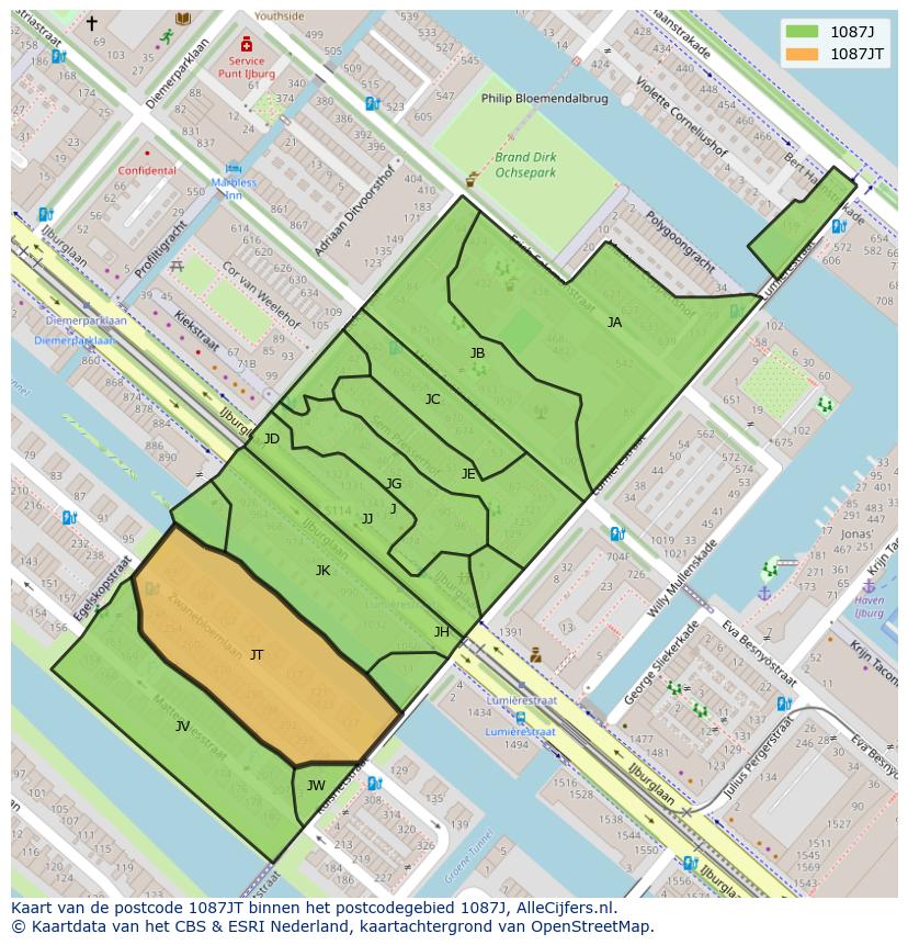 Afbeelding van het postcodegebied 1087 JT op de kaart.