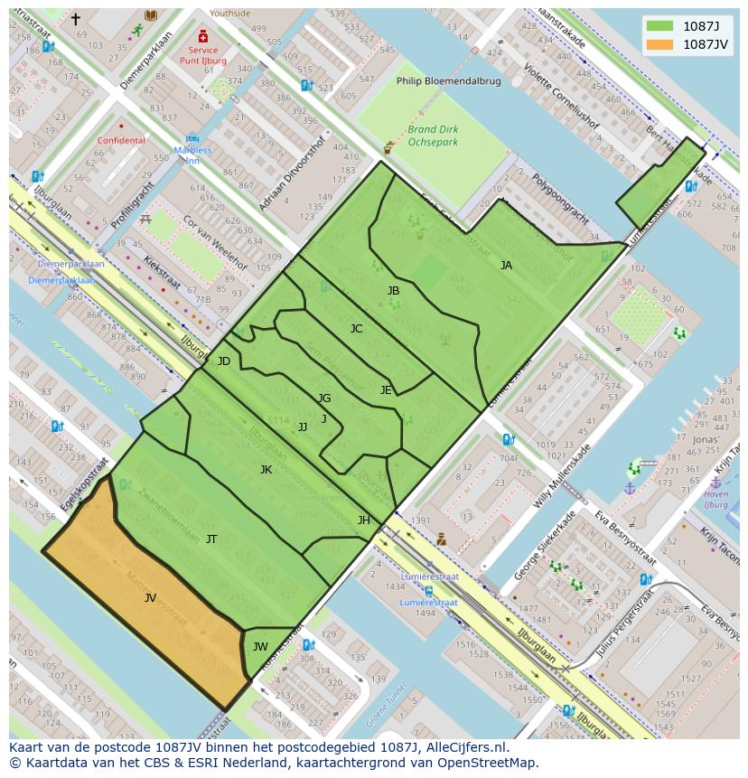 Afbeelding van het postcodegebied 1087 JV op de kaart.