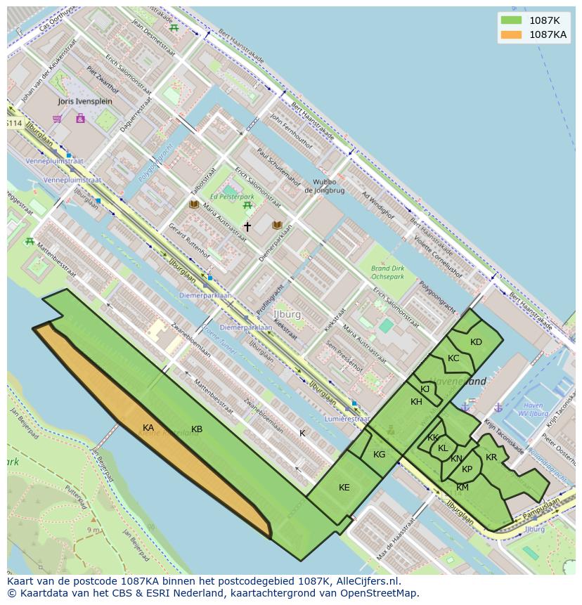 Afbeelding van het postcodegebied 1087 KA op de kaart.