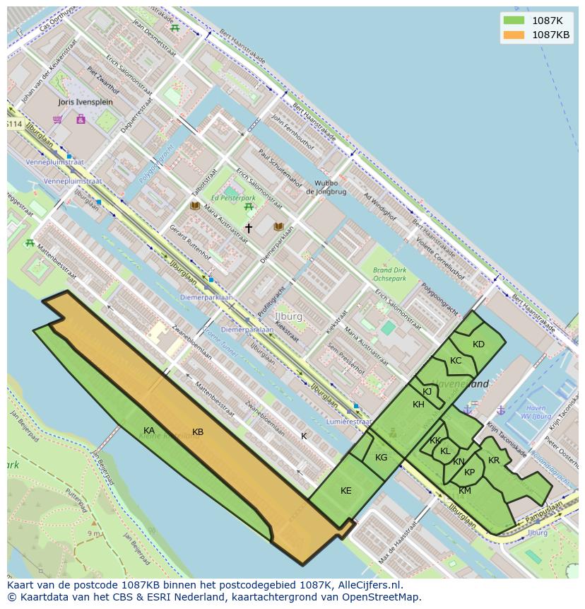 Afbeelding van het postcodegebied 1087 KB op de kaart.