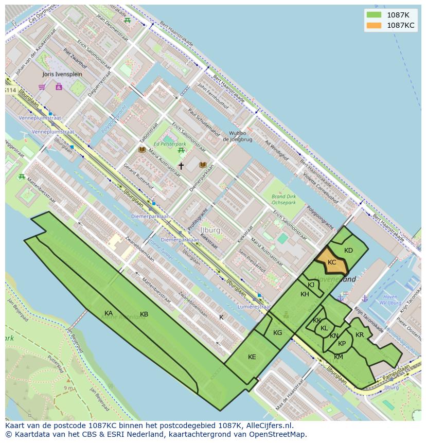 Afbeelding van het postcodegebied 1087 KC op de kaart.