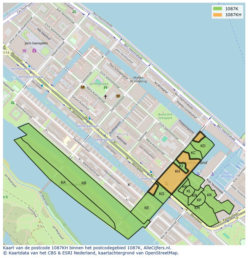 Afbeelding van het postcodegebied 1087 KH op de kaart.