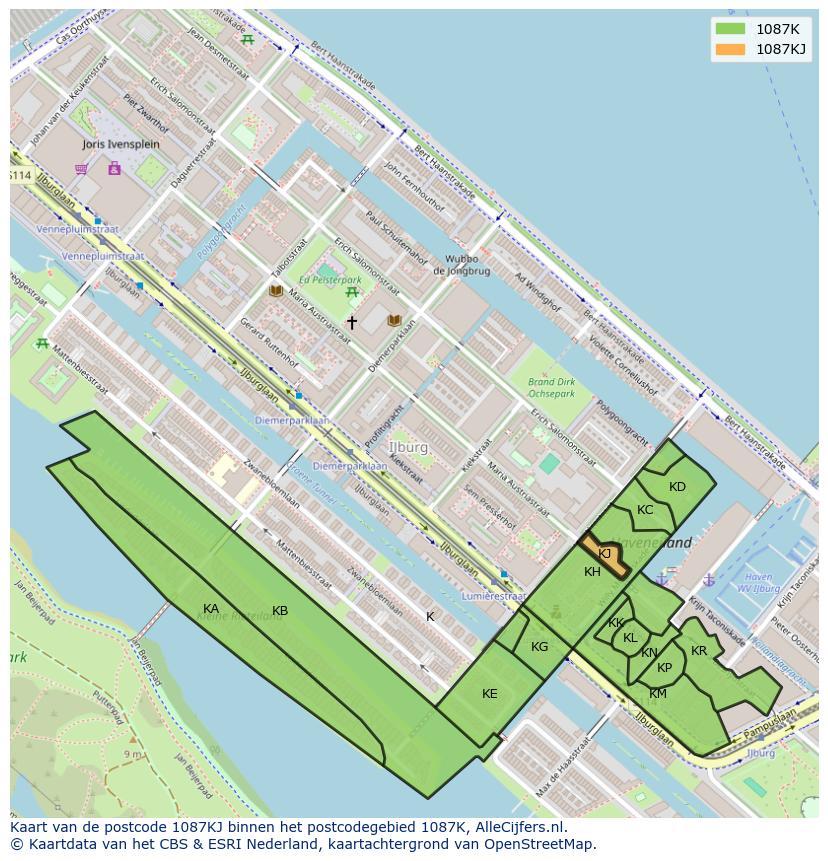 Afbeelding van het postcodegebied 1087 KJ op de kaart.