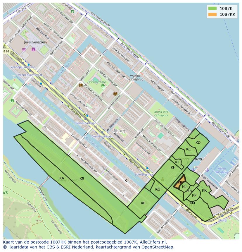 Afbeelding van het postcodegebied 1087 KK op de kaart.