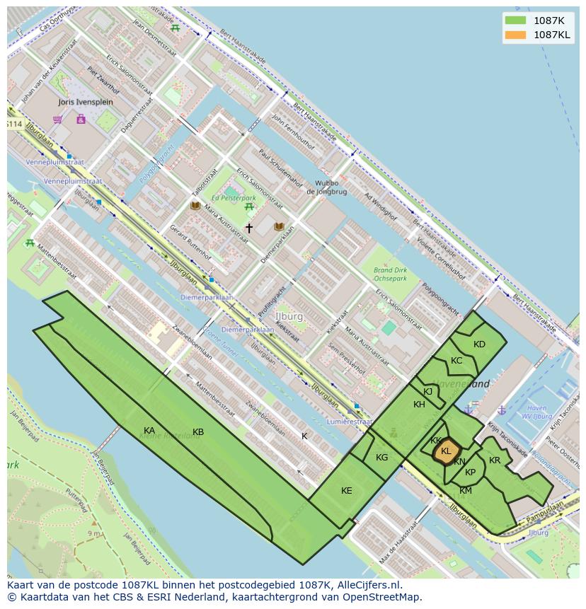 Afbeelding van het postcodegebied 1087 KL op de kaart.