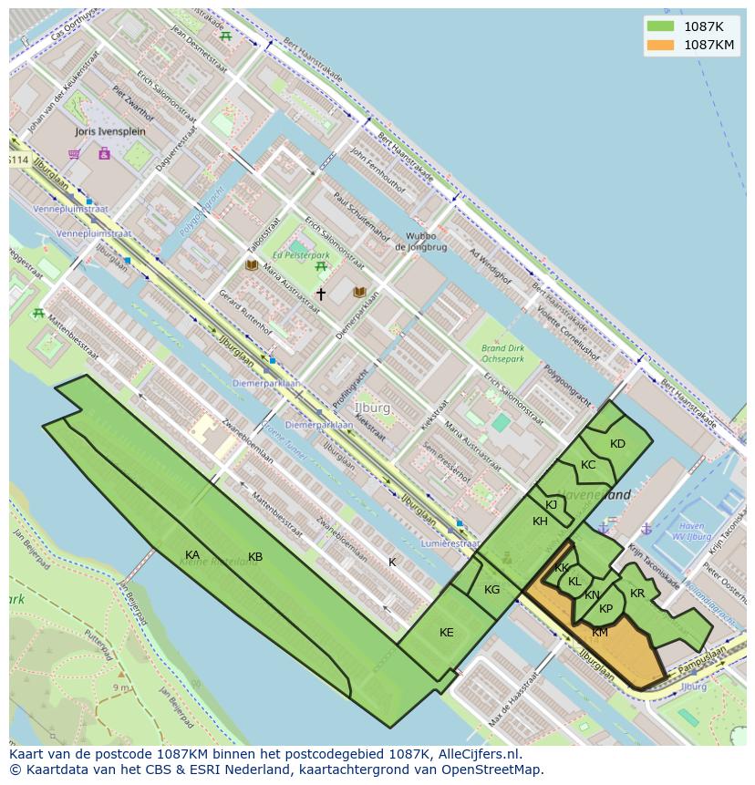 Afbeelding van het postcodegebied 1087 KM op de kaart.