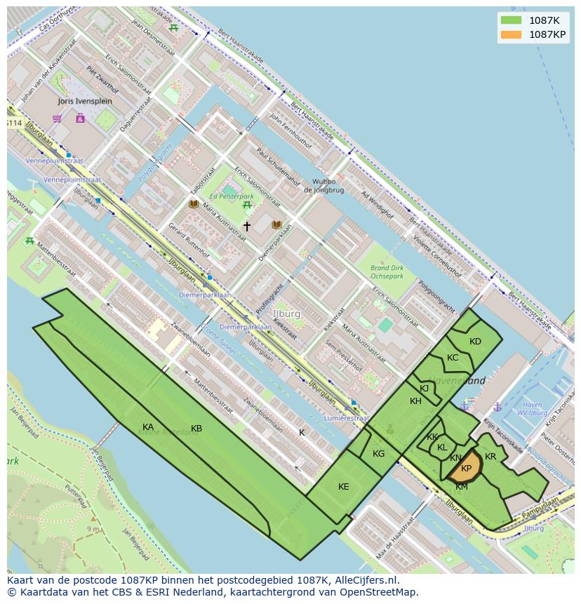 Afbeelding van het postcodegebied 1087 KP op de kaart.
