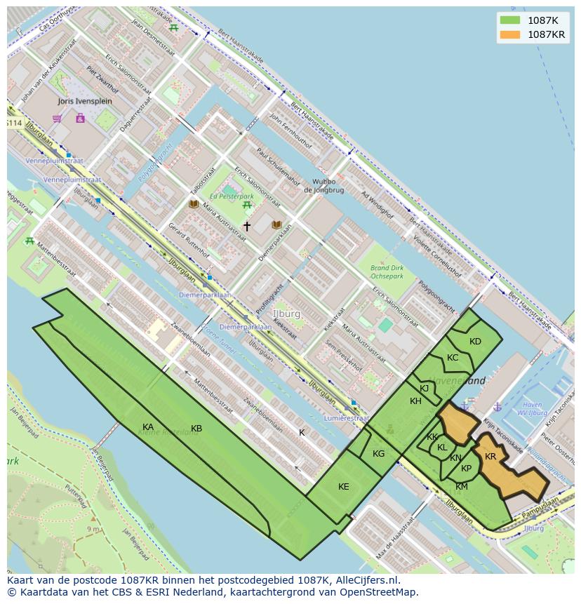 Afbeelding van het postcodegebied 1087 KR op de kaart.
