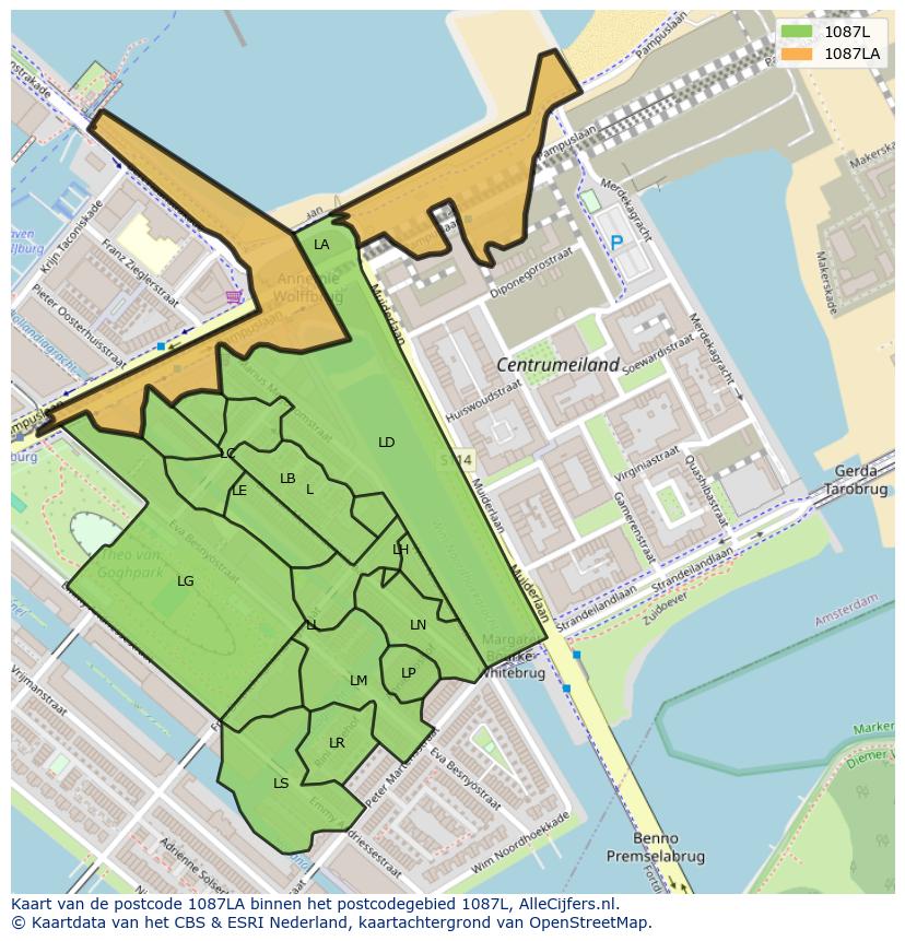 Afbeelding van het postcodegebied 1087 LA op de kaart.