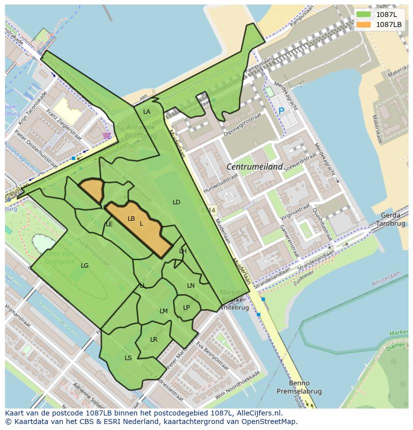 Afbeelding van het postcodegebied 1087 LB op de kaart.