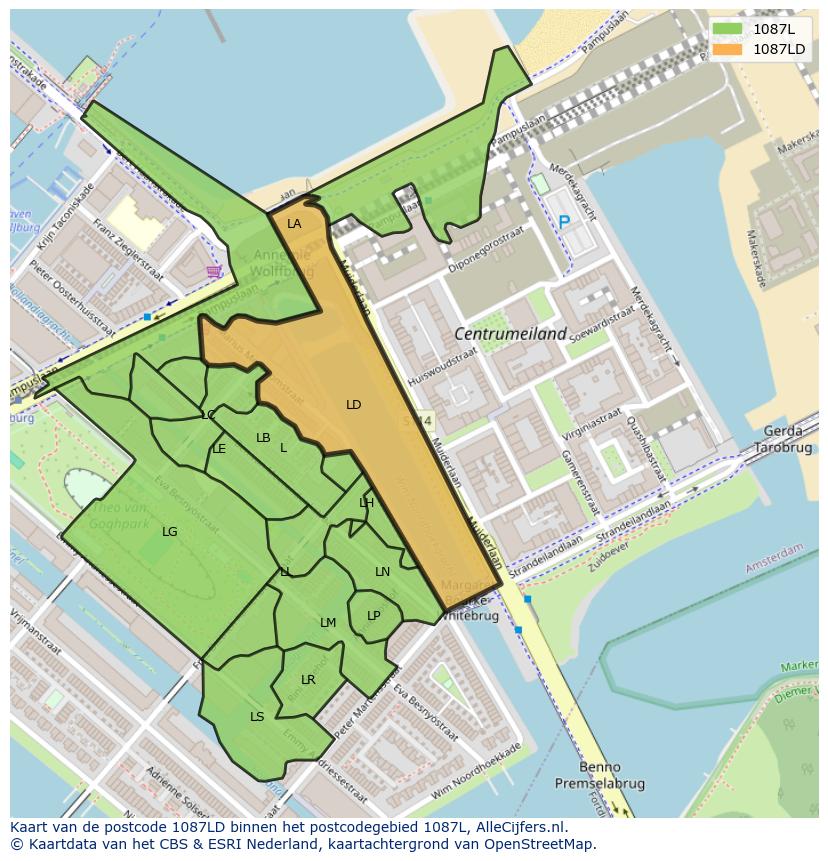 Afbeelding van het postcodegebied 1087 LD op de kaart.