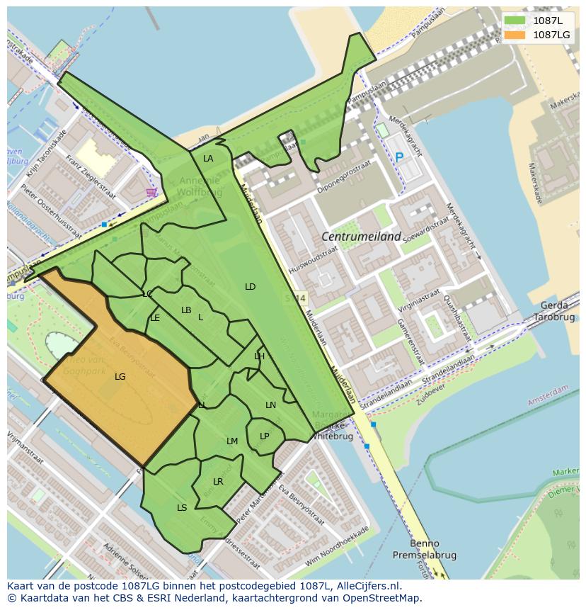 Afbeelding van het postcodegebied 1087 LG op de kaart.
