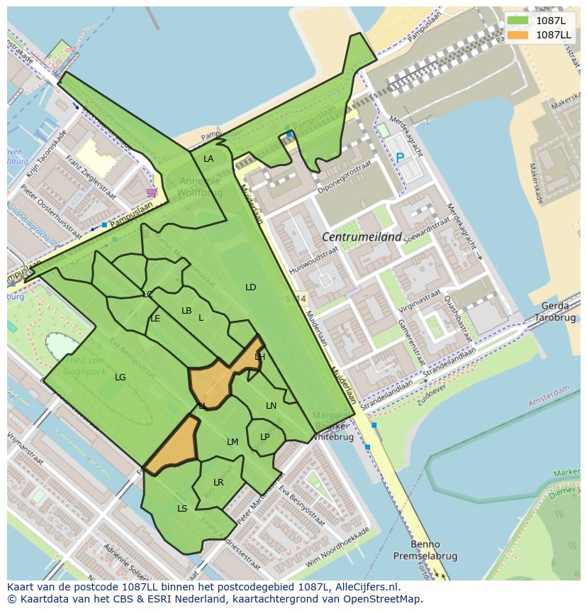 Afbeelding van het postcodegebied 1087 LL op de kaart.
