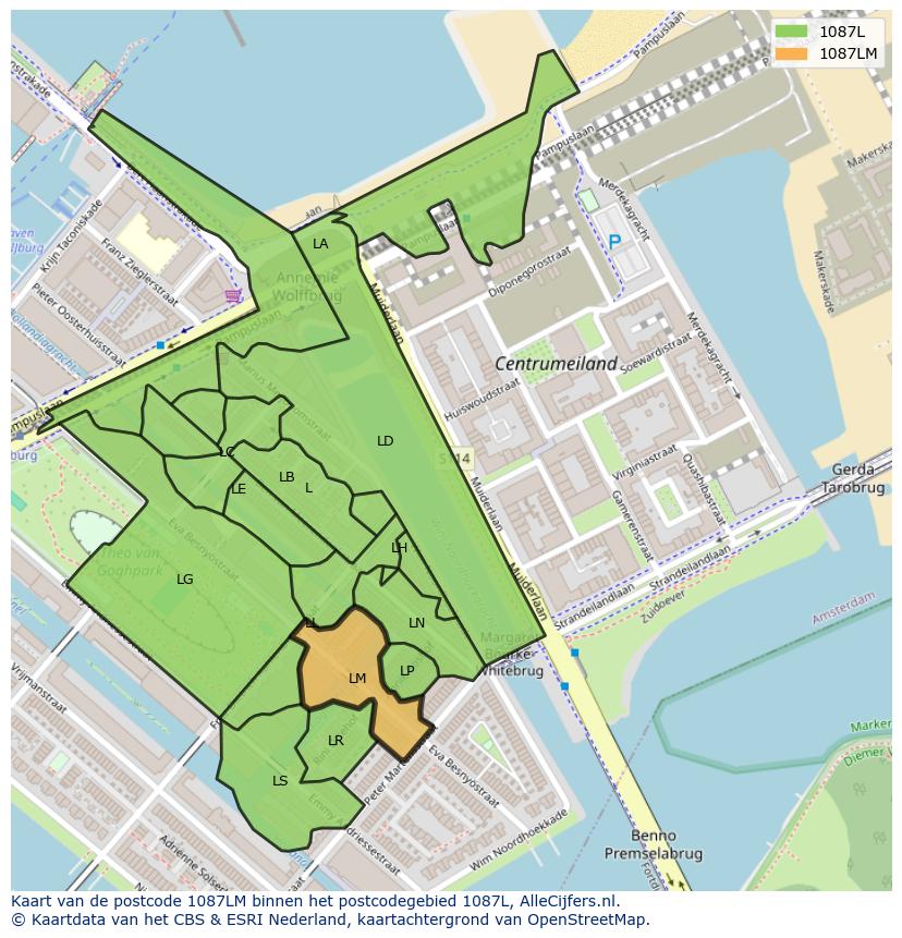 Afbeelding van het postcodegebied 1087 LM op de kaart.