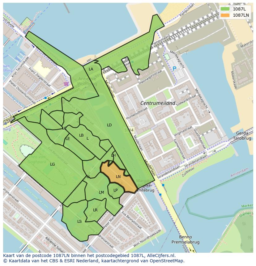 Afbeelding van het postcodegebied 1087 LN op de kaart.