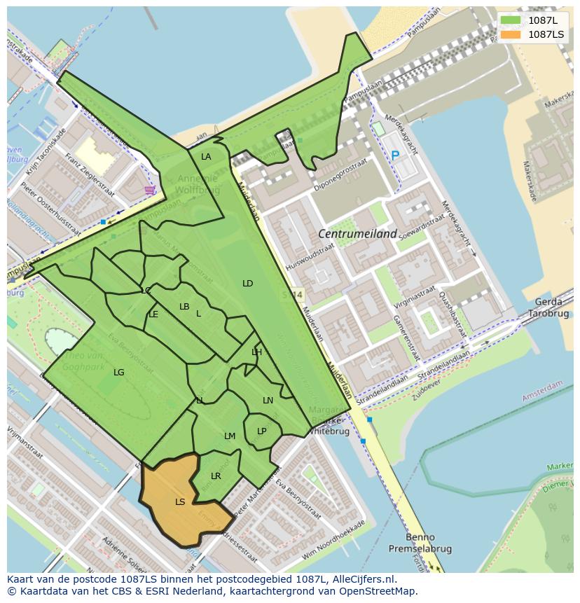 Afbeelding van het postcodegebied 1087 LS op de kaart.