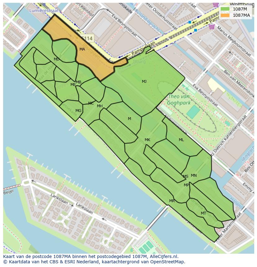 Afbeelding van het postcodegebied 1087 MA op de kaart.