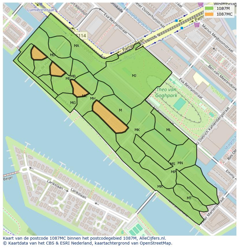 Afbeelding van het postcodegebied 1087 MC op de kaart.