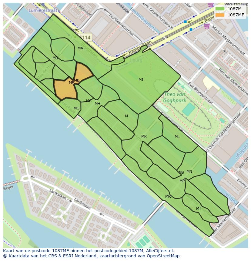 Afbeelding van het postcodegebied 1087 ME op de kaart.